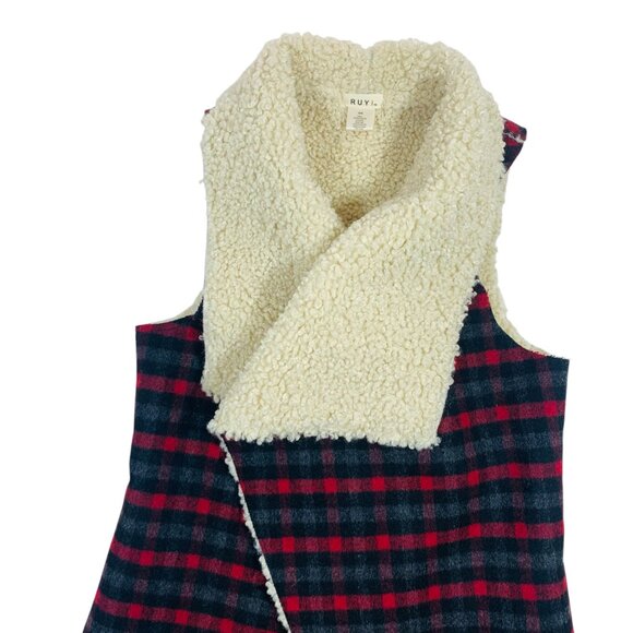 RUYI Sherpa Lined Open Front Plaid Vest One Size - Picture 6 of 16